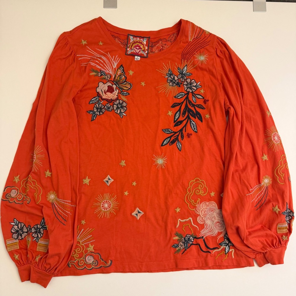 Johnny Was Los Angeles Orange Embroidered Floral Butterfly Cotton Top J14821-7N